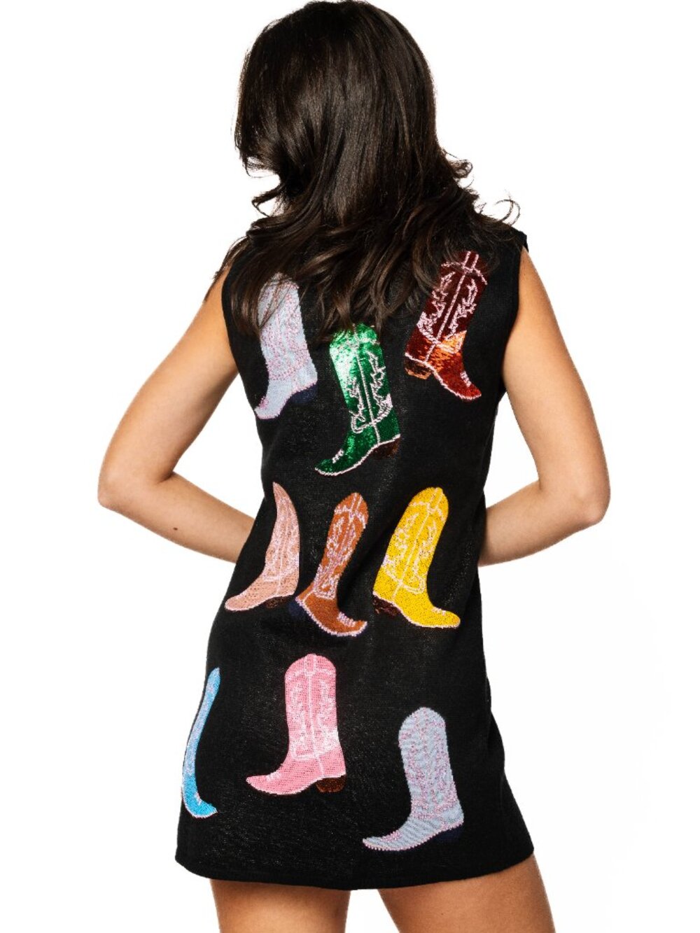 NWT Queen of Sparkles Black Knit Multi Cowboy Boot Tank Dress - Picture 3 of 4